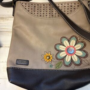 Chala Taupe Shoulder Bag with Brown Trim and Colorful Floral Appliqué
